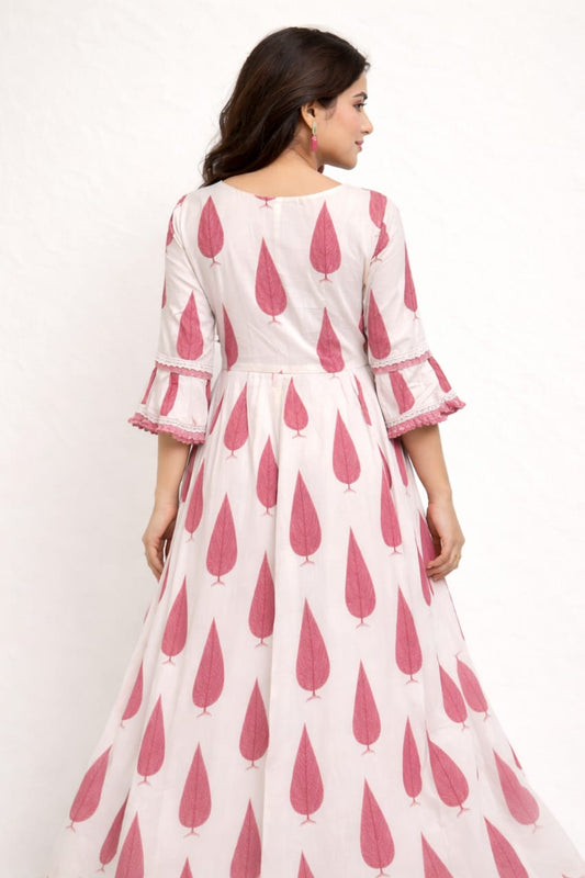 Sanganeri Print Cotton Anarkali Kurta Set with Dupatta – Pink & White