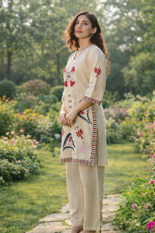 Ivory Red Cotton Flex Kurti Pant Set with Thread Work | Festive Wear