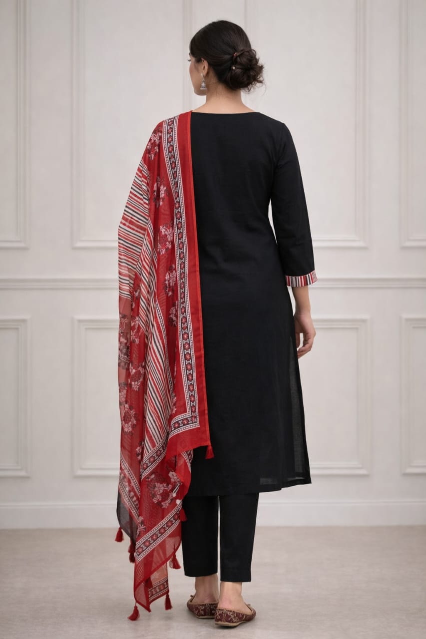 Urmi fashion Elegant Black Kurta Set with Red Printed Dupatta