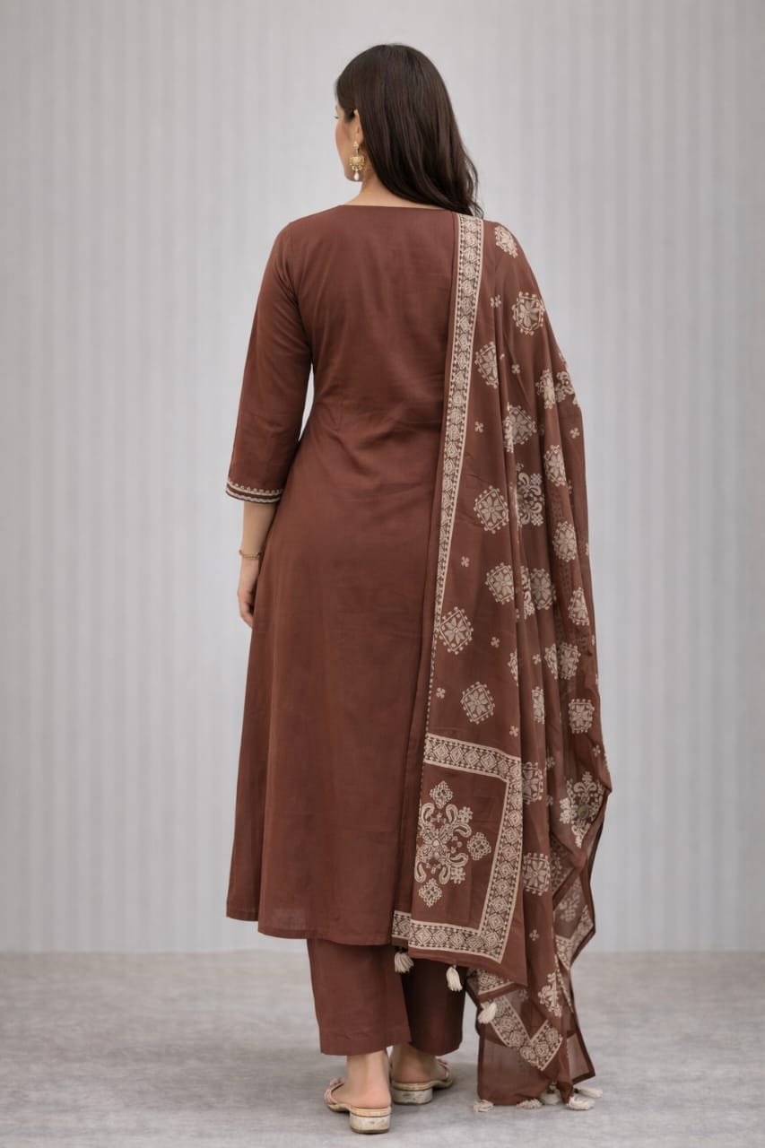Urmi fashion Brown Embroidered Cotton Kurta Set with Dupatta