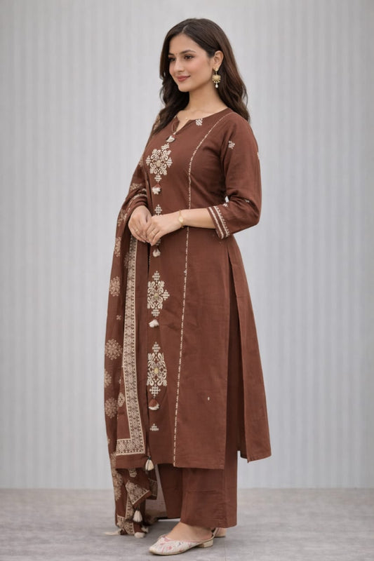 Urmi fashion Brown Embroidered Cotton Kurta Set with Dupatta