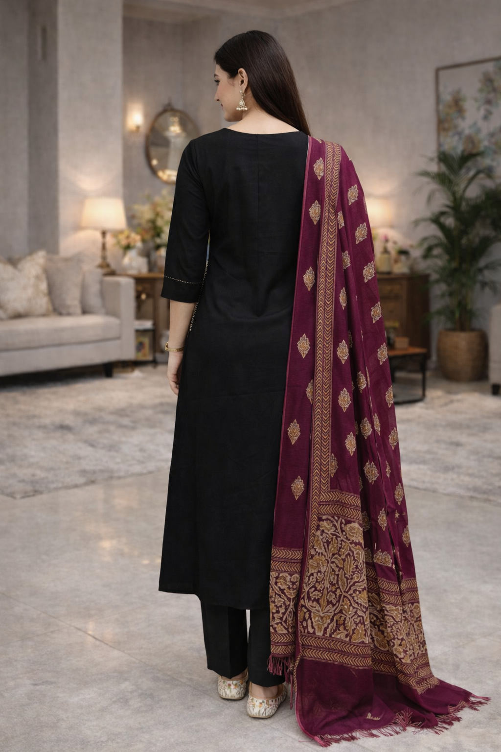 Urmi fashion Elegant Black Embroidered Kurti Set with Premium Maroon Dupatta