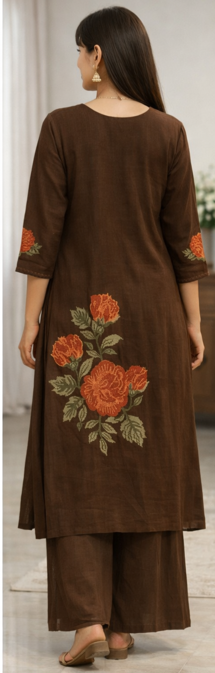 Urmi fashion Elegant Brown Floral Embroidered Kurta Set – Side Look Edition