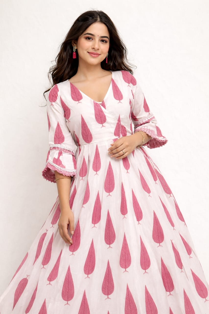 Sanganeri Print Cotton Anarkali Kurta Set with Dupatta – Pink & White