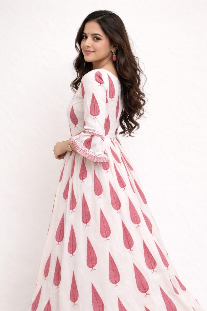 Sanganeri Print Cotton Anarkali Kurta Set with Dupatta – Pink & White