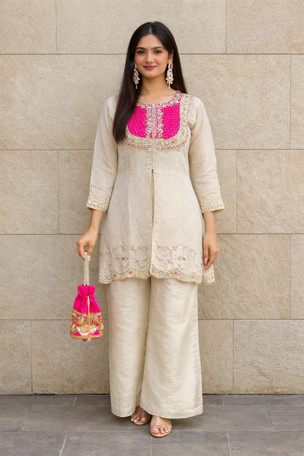 Urmi fashion Elegant Beige Embroidered Kurti Set with Palazzo