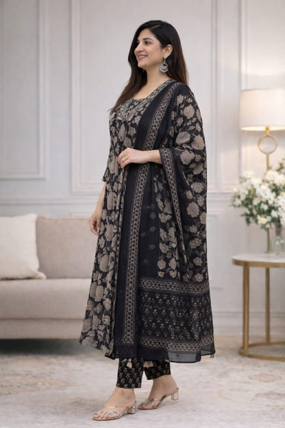 Urmi fashion 🖤Black Floral Printed A-Line Kurta Set with Dupatta