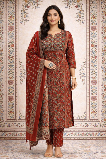 Urmi fashion Elegant Maroon Printed Kurta Set with Dupatta