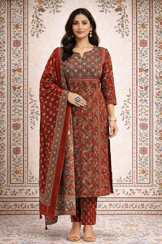 Urmi fashion Elegant Maroon Printed Kurta Set with Dupatta