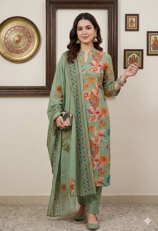 Urmi fashion Elegant Mint Green Floral Printed Kurta Set with Dupatta