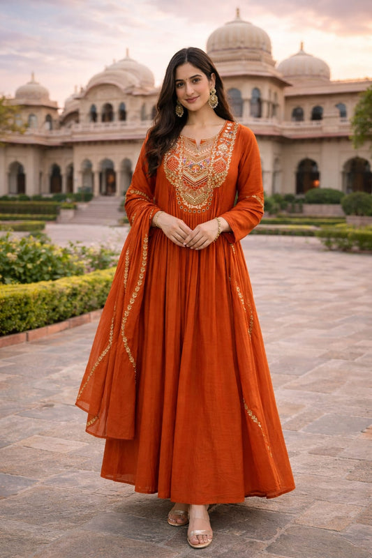 Urmi fashion 🤎Elegant Rust Orange Embroidered Anarkali Kurta Set with Dupatta