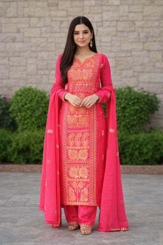 Urmi fashion Elegant Pink Embroidered Kurta Set with Dupatta for Women