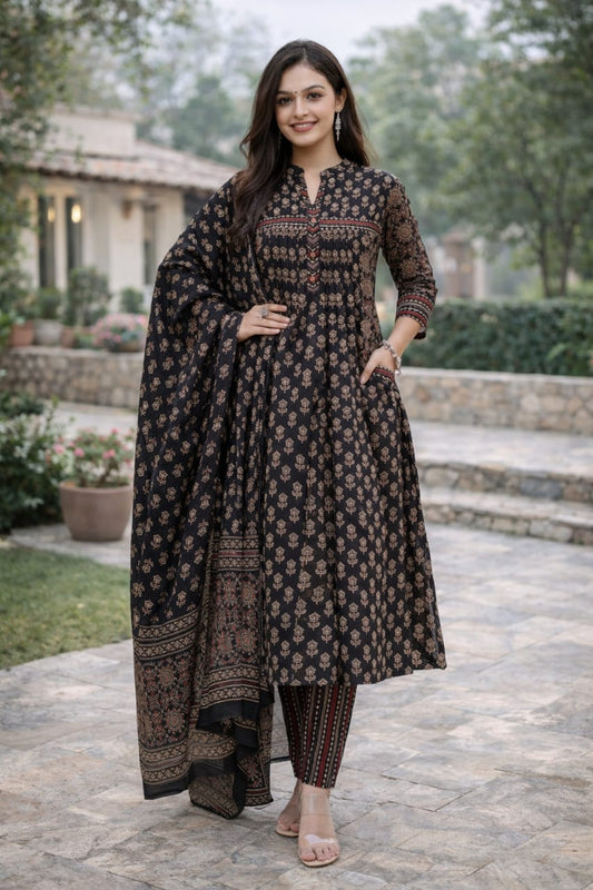 Urmi fashion Elegant Black Printed Anarkali Kurta Set with Designer Dupatta