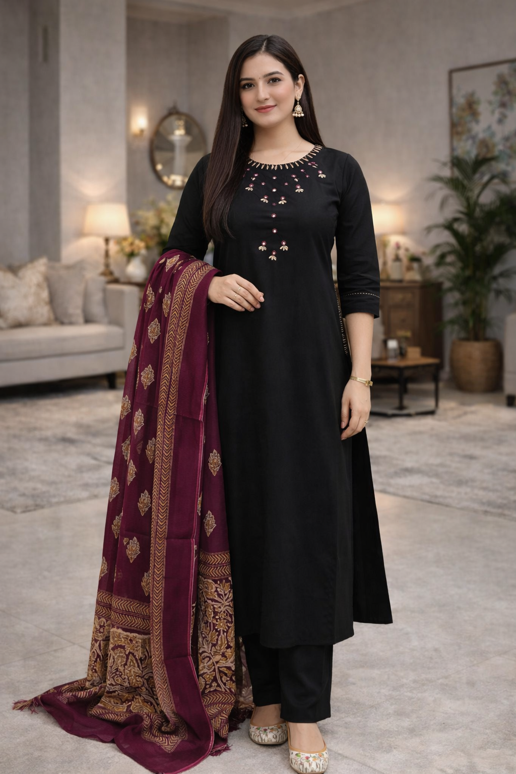 Urmi fashion Elegant Black Embroidered Kurti Set with Premium Maroon Dupatta