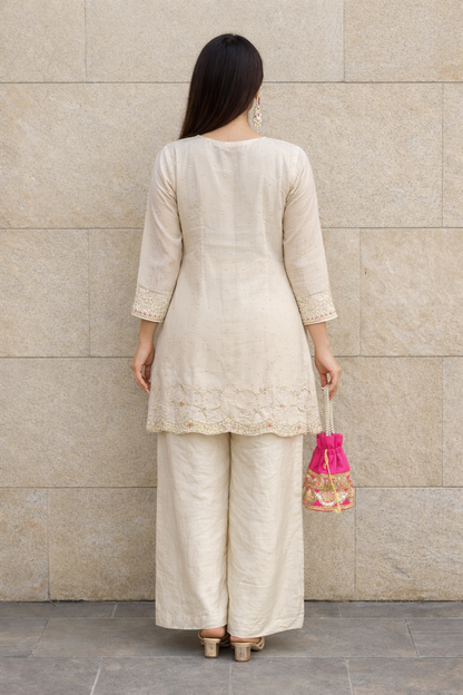 Urmi fashion Elegant Beige Embroidered Kurti Set with Palazzo