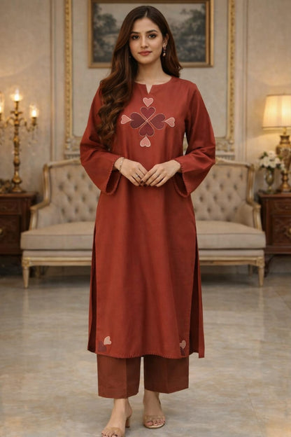 Classic Rust Kurta Set with Heart Motif Detail