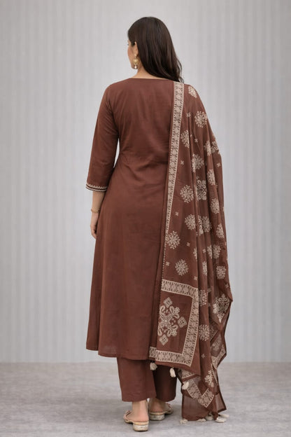 Urmi fashion Brown Embroidered Cotton Kurta Set with Dupatta