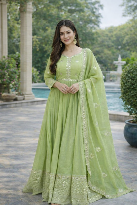 Urmi fashion 🌿 Pastel Green Embroidered Anarkali Kurti Set with Dupatta