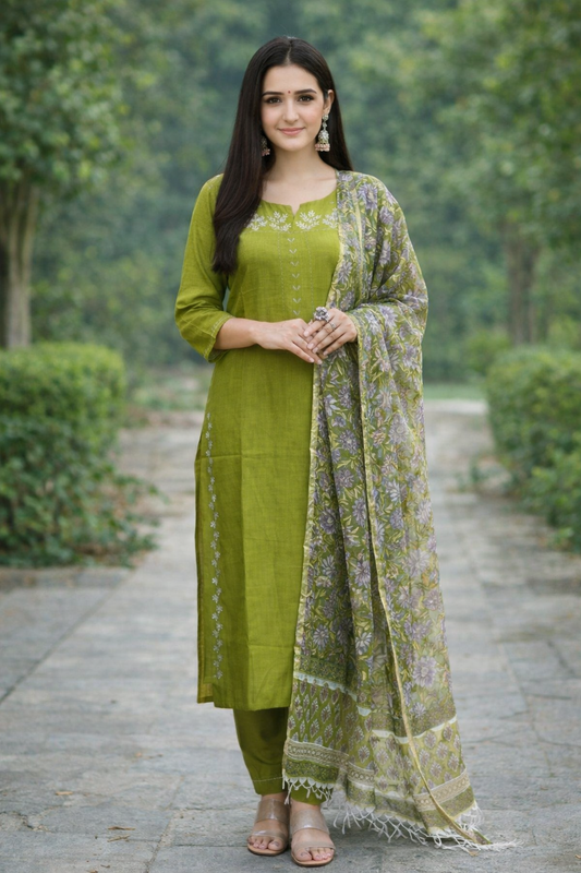 Urmi fashion Elegant Olive Green Kurta Set with Printed Dupatta