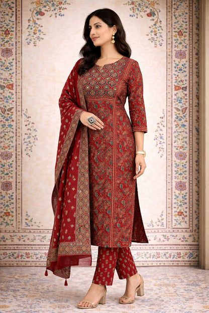 Urmi fashion Elegant Maroon Printed Kurta Set with Dupatta