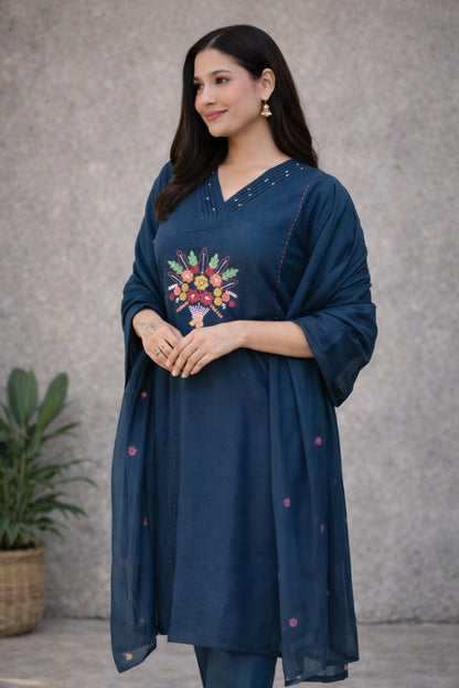 Urmi fashion Deep Teal Floral Embroidered Cotton Kurta Set with Dupatta