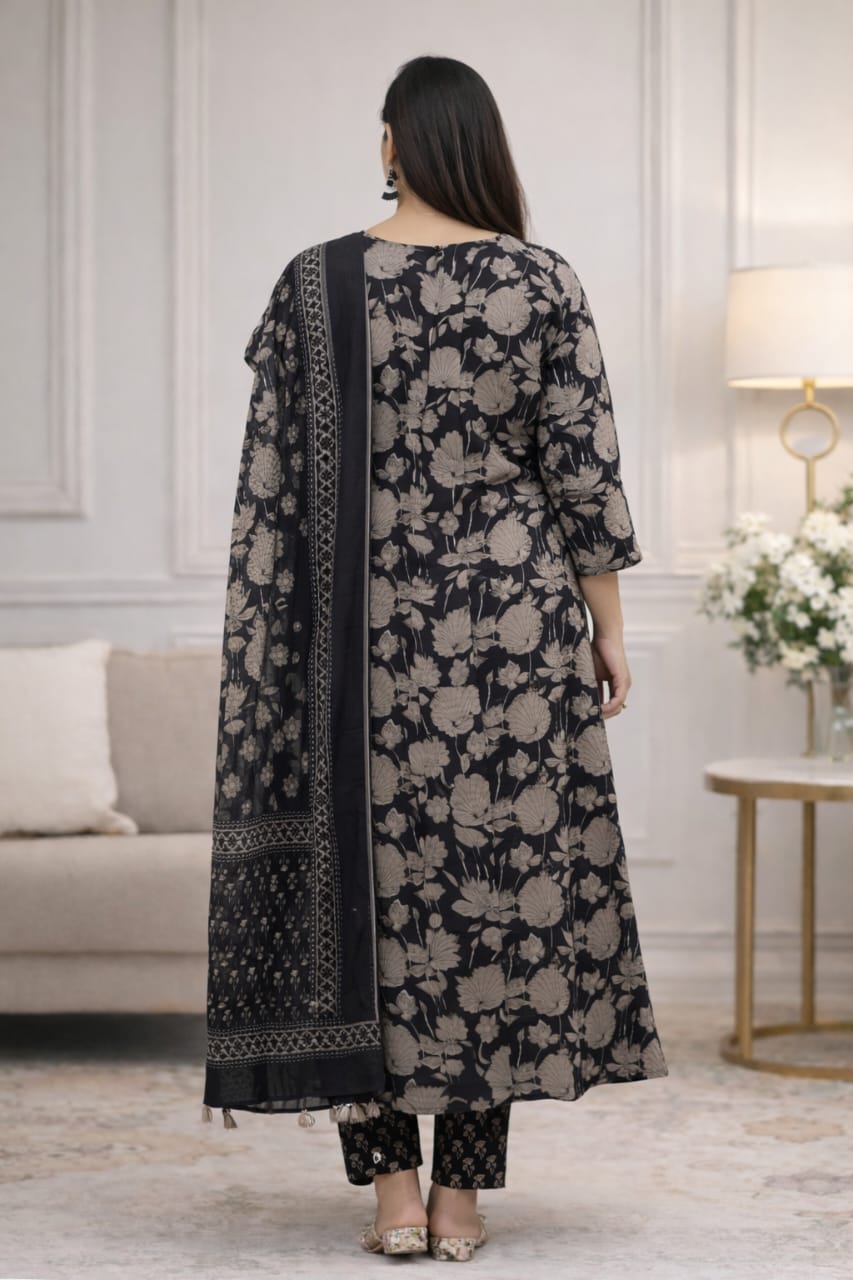 Urmi fashion 🖤Black Floral Printed A-Line Kurta Set with Dupatta