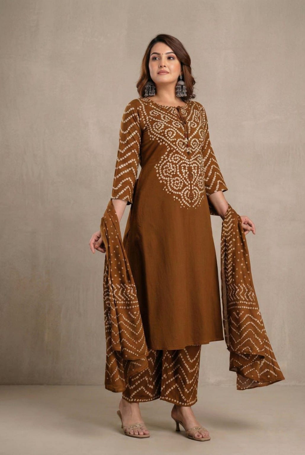 Urmi fashion Classic Brown Ethnic Bandhani Kurta Palazzo Set