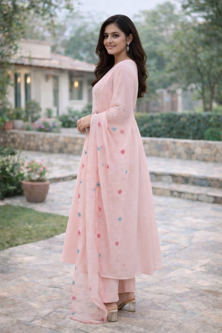 Urmi fashion Elegant Blush Pink Anarkali Kurta Set with Embroidered Dupatta