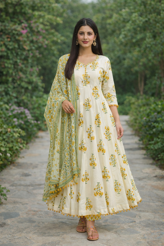 Urmi fashion Elegant Off-White Floral Anarkali Set with Dupatta