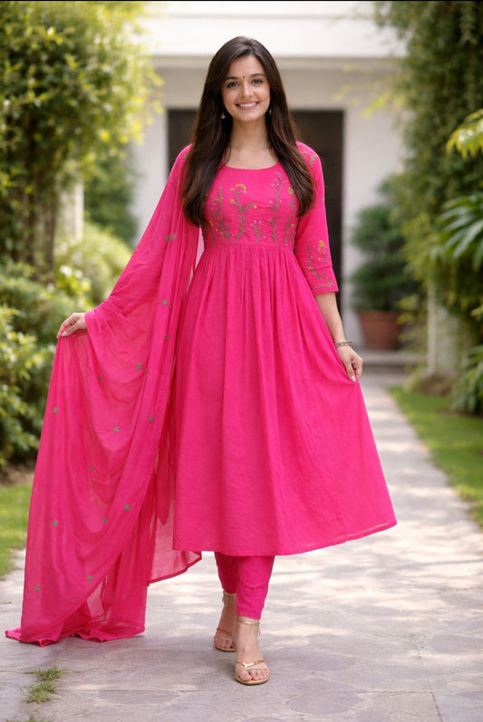 Urmi fashion Elegant Pink Anarkali Kurti Set with Dupatta