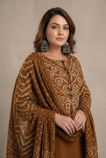 Urmi fashion Classic Brown Ethnic Bandhani Kurta Palazzo Set