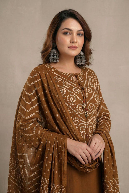 Urmi fashion Classic Brown Ethnic Bandhani Kurta Palazzo Set
