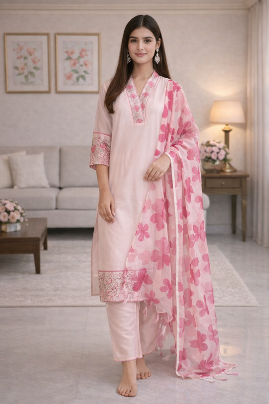 Urmi fashion Elegant Pink Floral Kurta Set with Dupatta