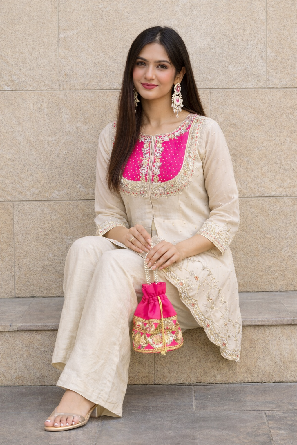 Urmi fashion Elegant Beige Embroidered Kurti Set with Palazzo