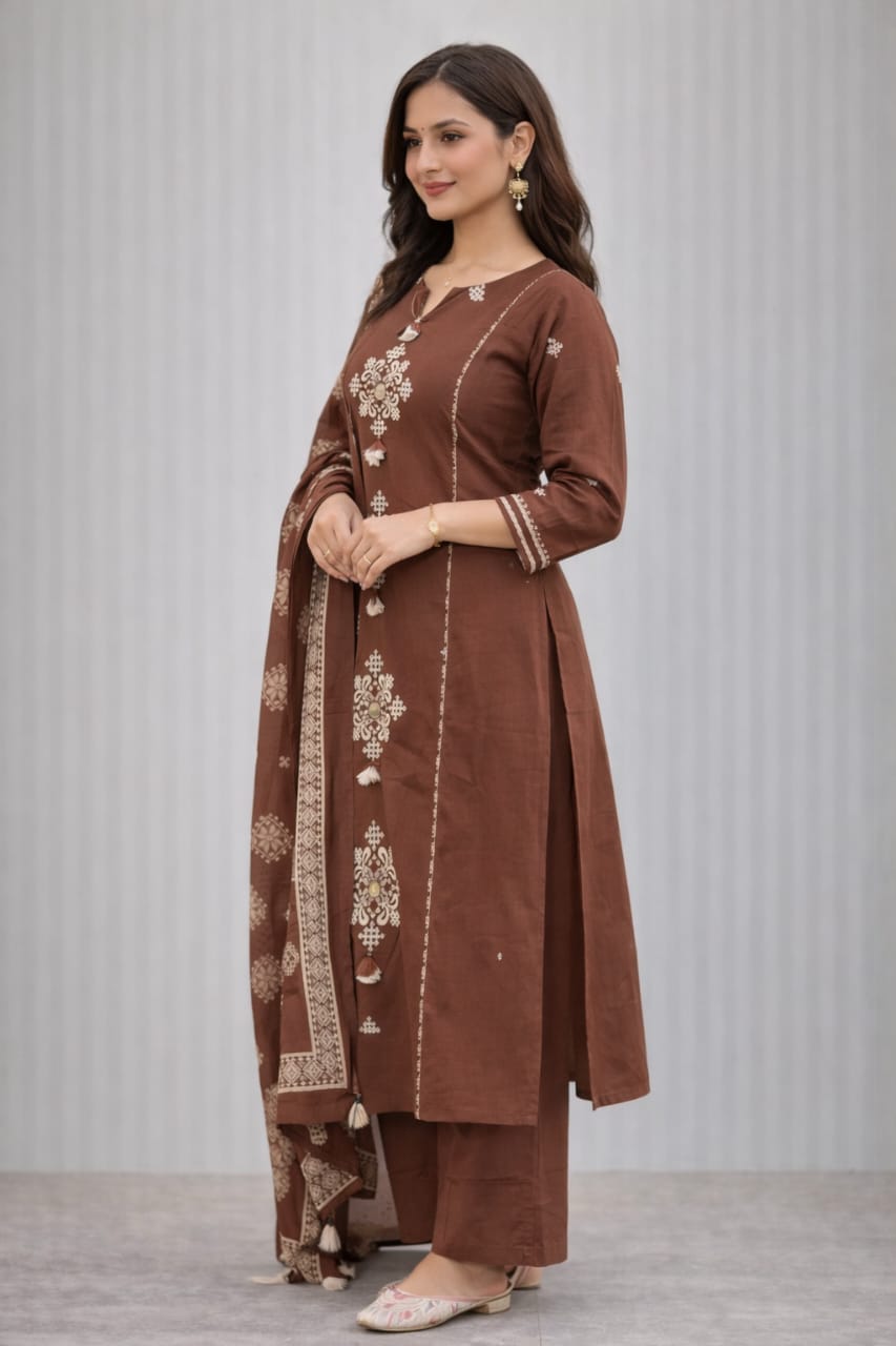 Urmi fashion Brown Embroidered Cotton Kurta Set with Dupatta