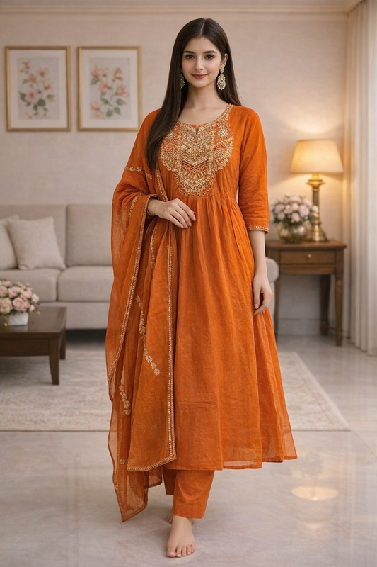 Urmi fashion Elegant Orange Embroidered Kurta Set with Dupatta 🧡