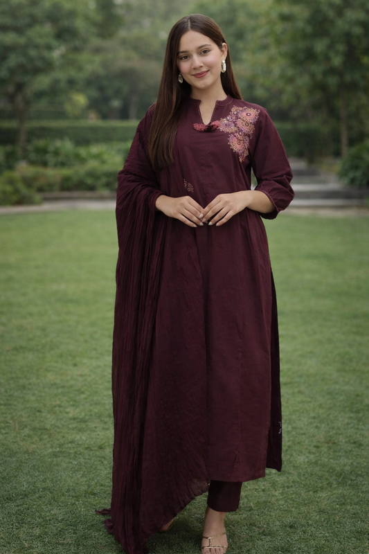 Urmi fashion Elegant Maroon Embroidered Kurta Set with Dupatta