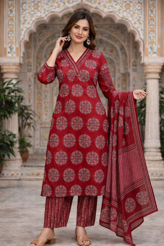 Urmi fashion Elegant Maroon Red Printed Kurta Set with Dupatta ❤️✨