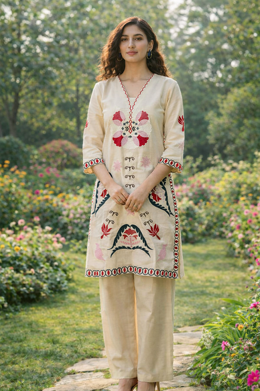Ivory Red Cotton Flex Kurti Pant Set with Thread Work | Festive Wear