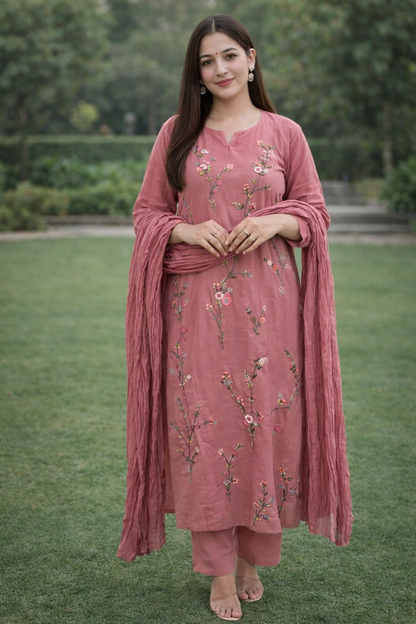 Urmi fashion Dusty Rose Floral Embroidered Suit Set