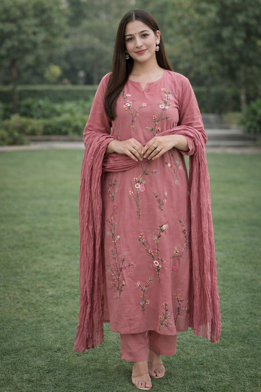Urmi fashion Dusty Rose Floral Embroidered Suit Set