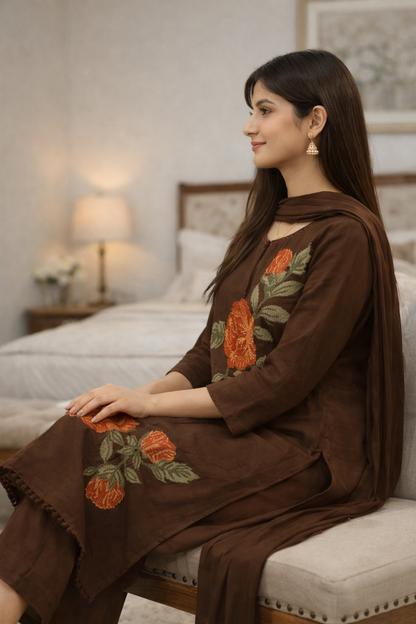Urmi fashion Elegant Brown Floral Embroidered Kurta Set – Side Look Edition