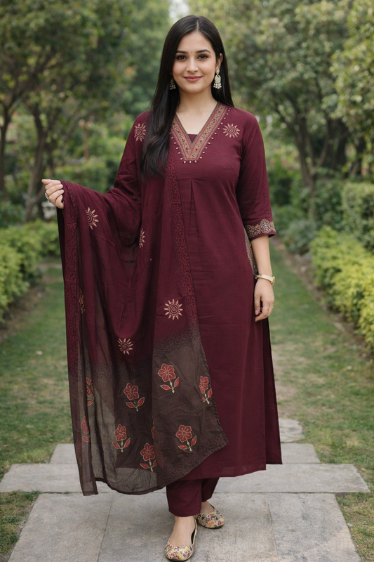 Urmi fashion Elegant Burgundy Embroidered Kurta Set with Printed Dupatta