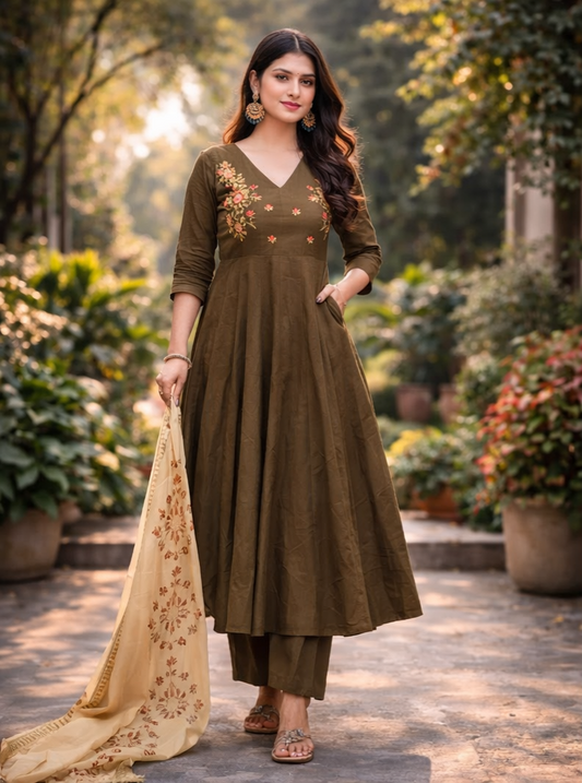 Urmi fashion Elegant Olive Green Anarkali Suit with Embroidered Yoke & Cream Dupatta
