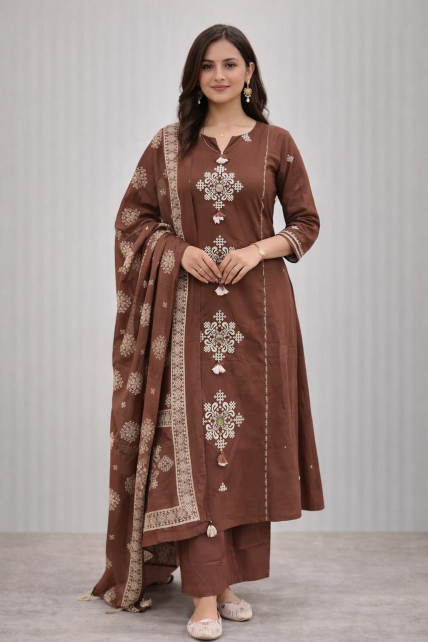 Urmi fashion Brown Embroidered Cotton Kurta Set with Dupatta