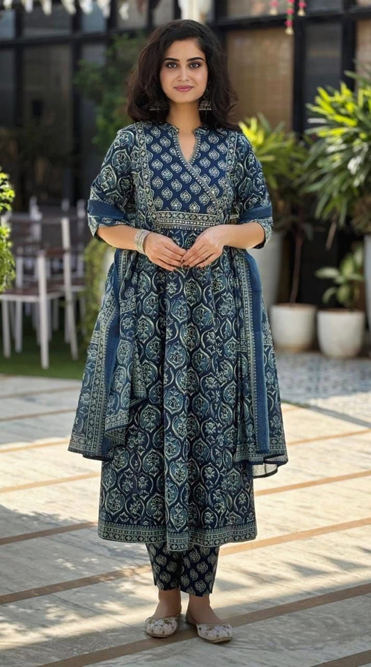Urmi fashion Elegant Indigo Printed Anarkali Suit Set