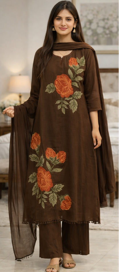 Urmi fashion Elegant Brown Floral Embroidered Kurta Set – Side Look Edition
