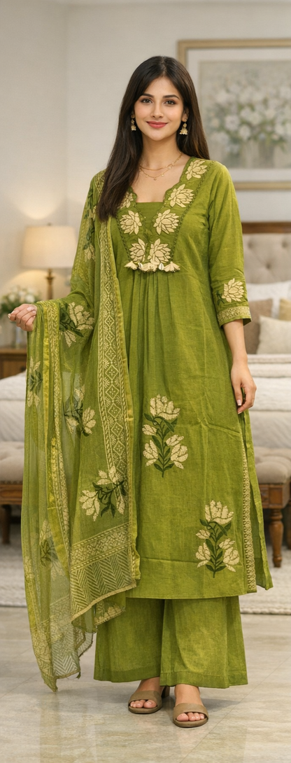 Urmi fashion Elegant Olive Green Embroidered Kurta Set with Dupatta