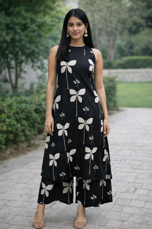 Urmi fashion Elegant Black Floral Printed Kurta Palazzo Set for Women