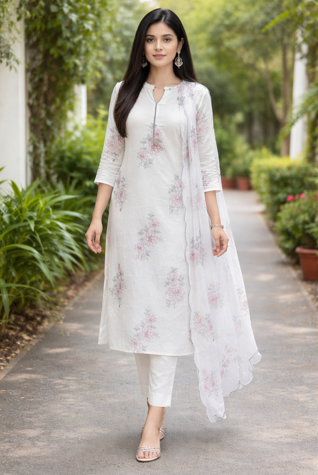 ✨ Elegant White Floral Straight Kurti Set – Summer Fresh Look ✨